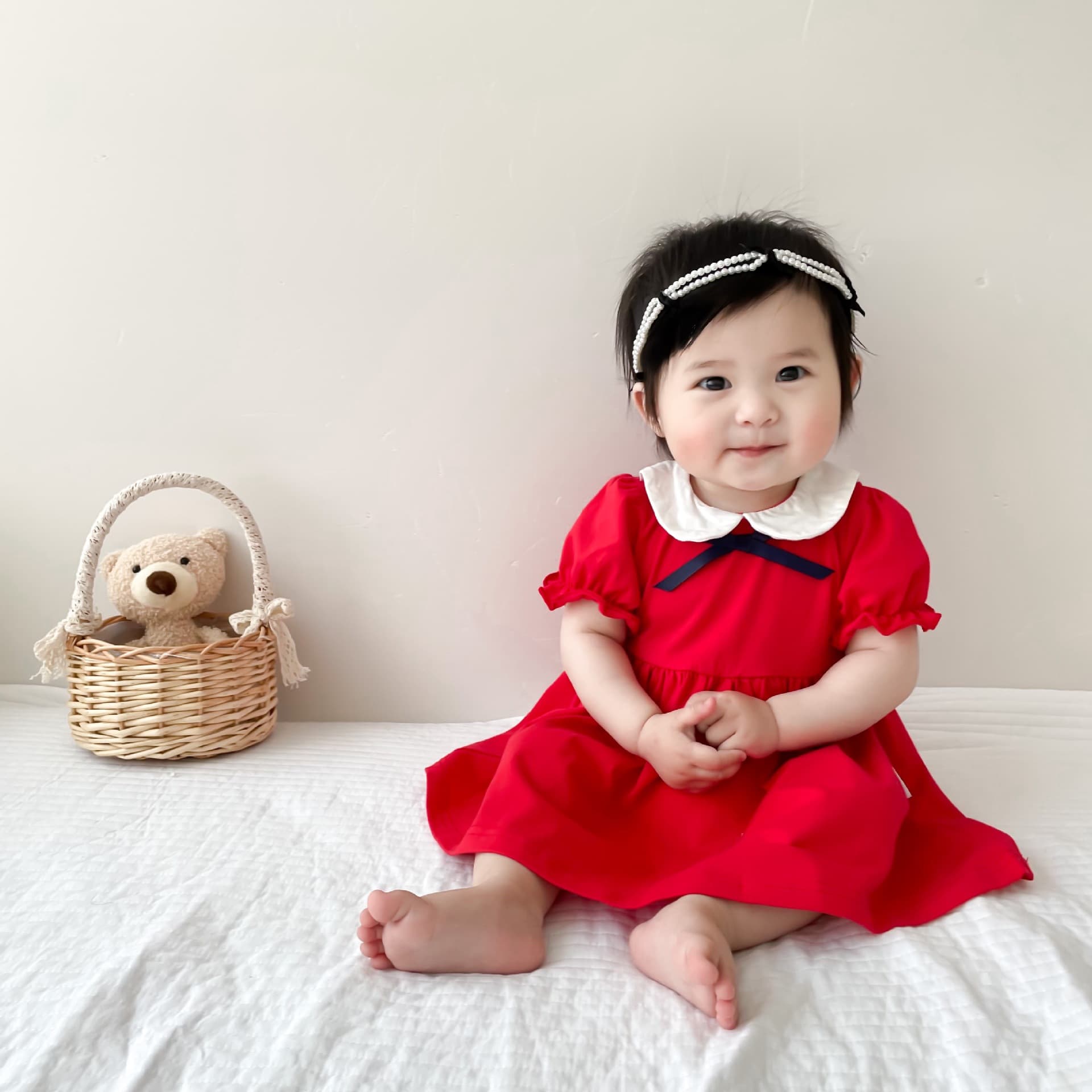Baby Girl Dress Short Sleeve Bow 100 Days First Birthday Party Elegant Red Princess Baby Dress