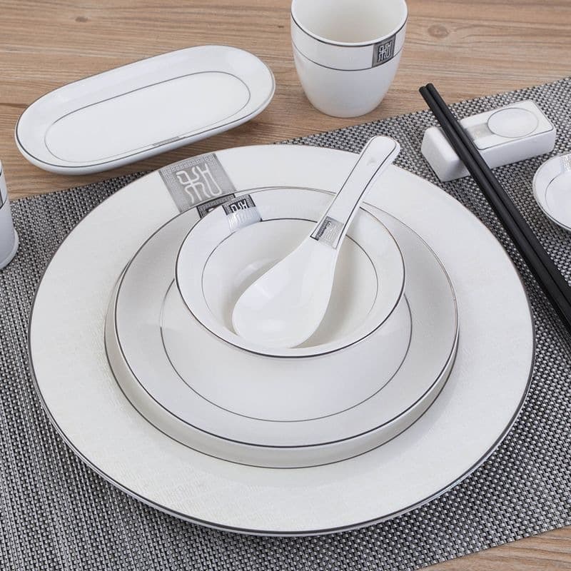 Star-Rated Hotel Tableware Set Ceramic Plate Bowl Spoon Three-Piece Set Hotel Club Silver Rim Embossed Tableware Kit