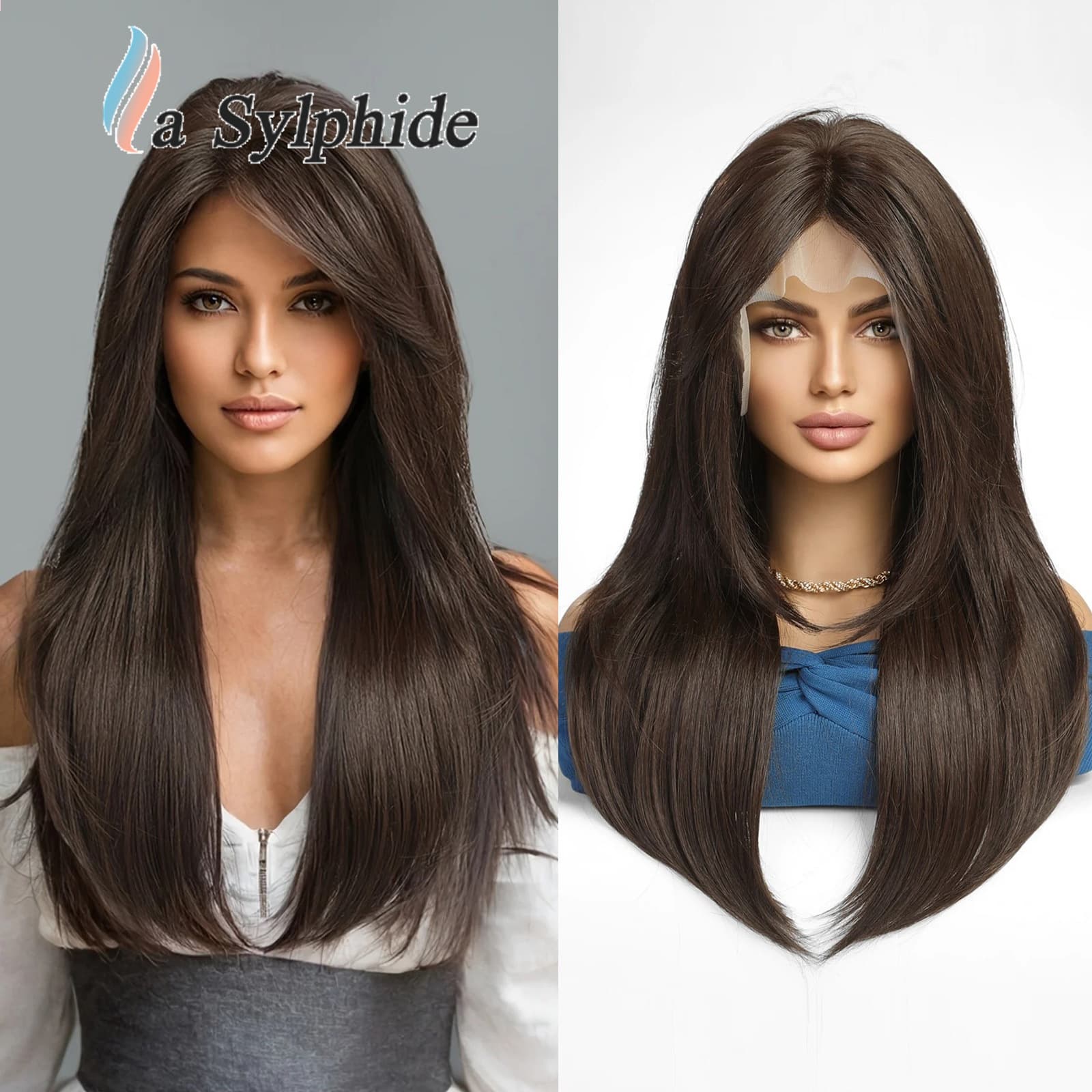 High-End Lace Wig for Women Imported 100% Silk Hand-Knotted Free Parting White Gold Brown Long Straight Hair Extensions