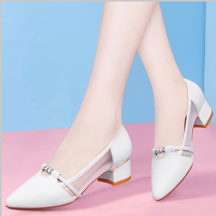 Genuine Soft Leather Women's Loafers with Chunky Heel Spring Autumn 2025 New Style Shallow Mouth Patent Leather Pointed Toe Versatile Mid-Heel Leather Shoes Mesh Fabric Shoes