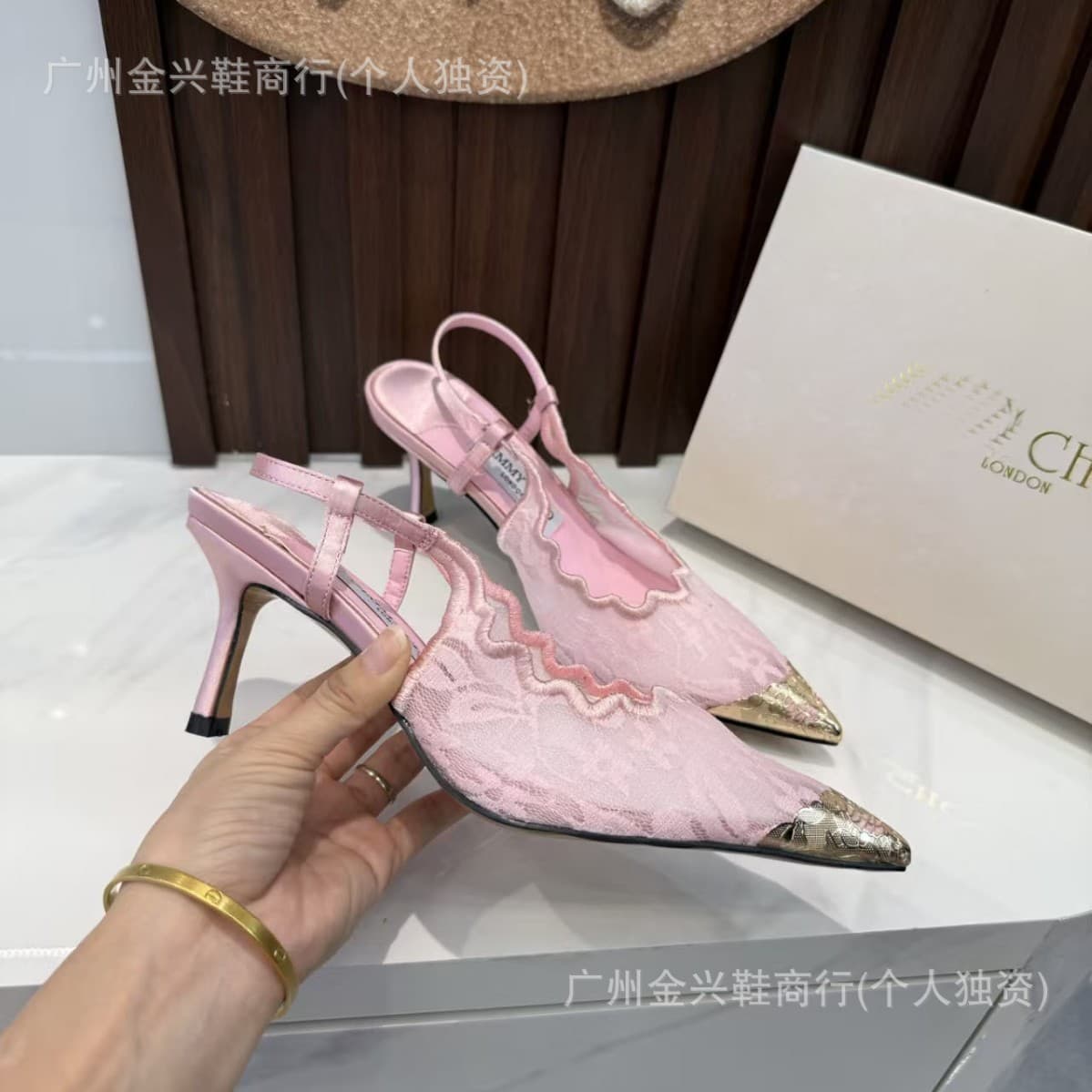 Miting French Lace Closed-Toe High Heel Sandals Summer New Pointed Toe Gold Mesh One-Strap Backless Sandals for Women