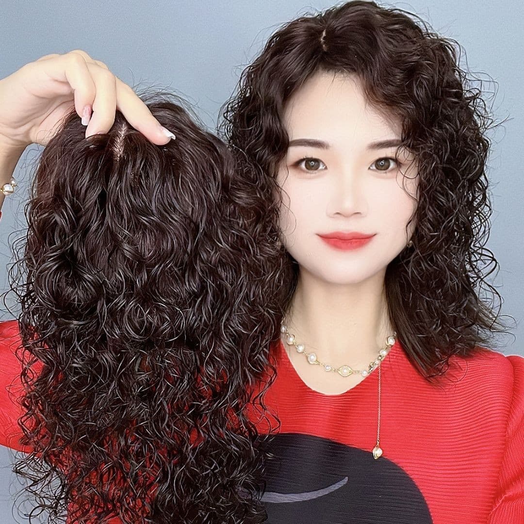 Wool Curly Hairpiece for Women, Real Hair on Top of the Head, Full Wig, Human Hair, White Hair, Fluffy, Natural Hair Growth, Lightweight and Seamless
