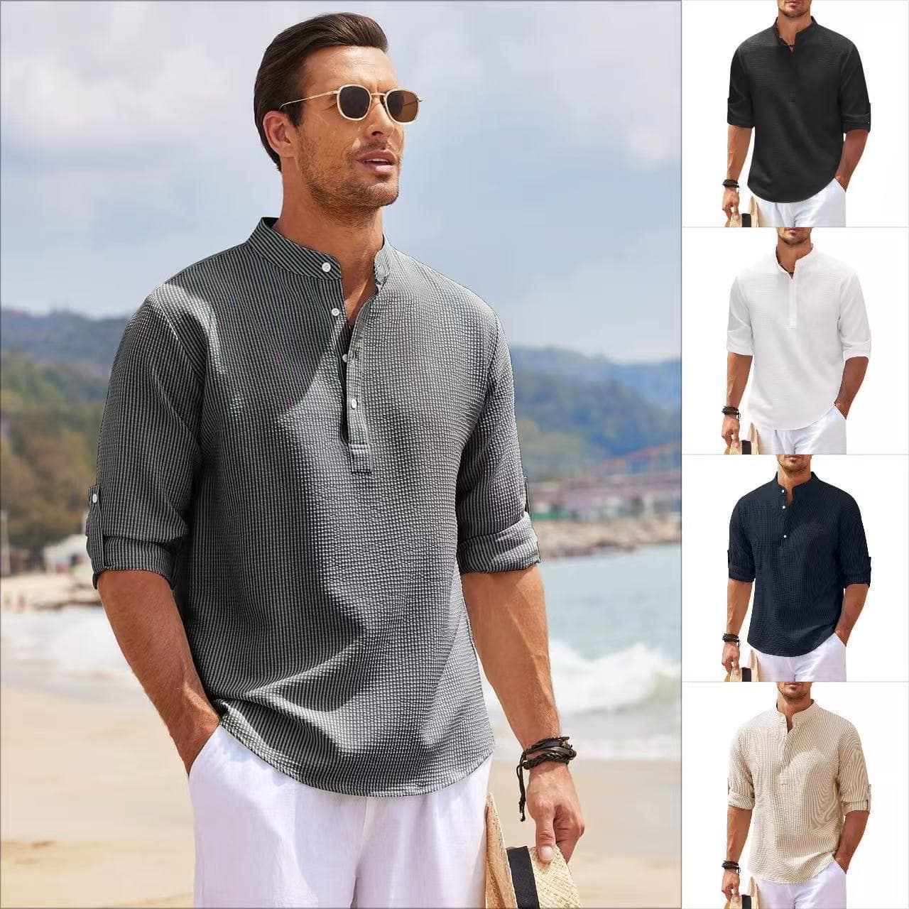 Men's Long Sleeve Shirt Stand Collar Button Down Pineapple Plaid Casual Top Polyester Fiber Antibacterial Easy Care Spring Autumn