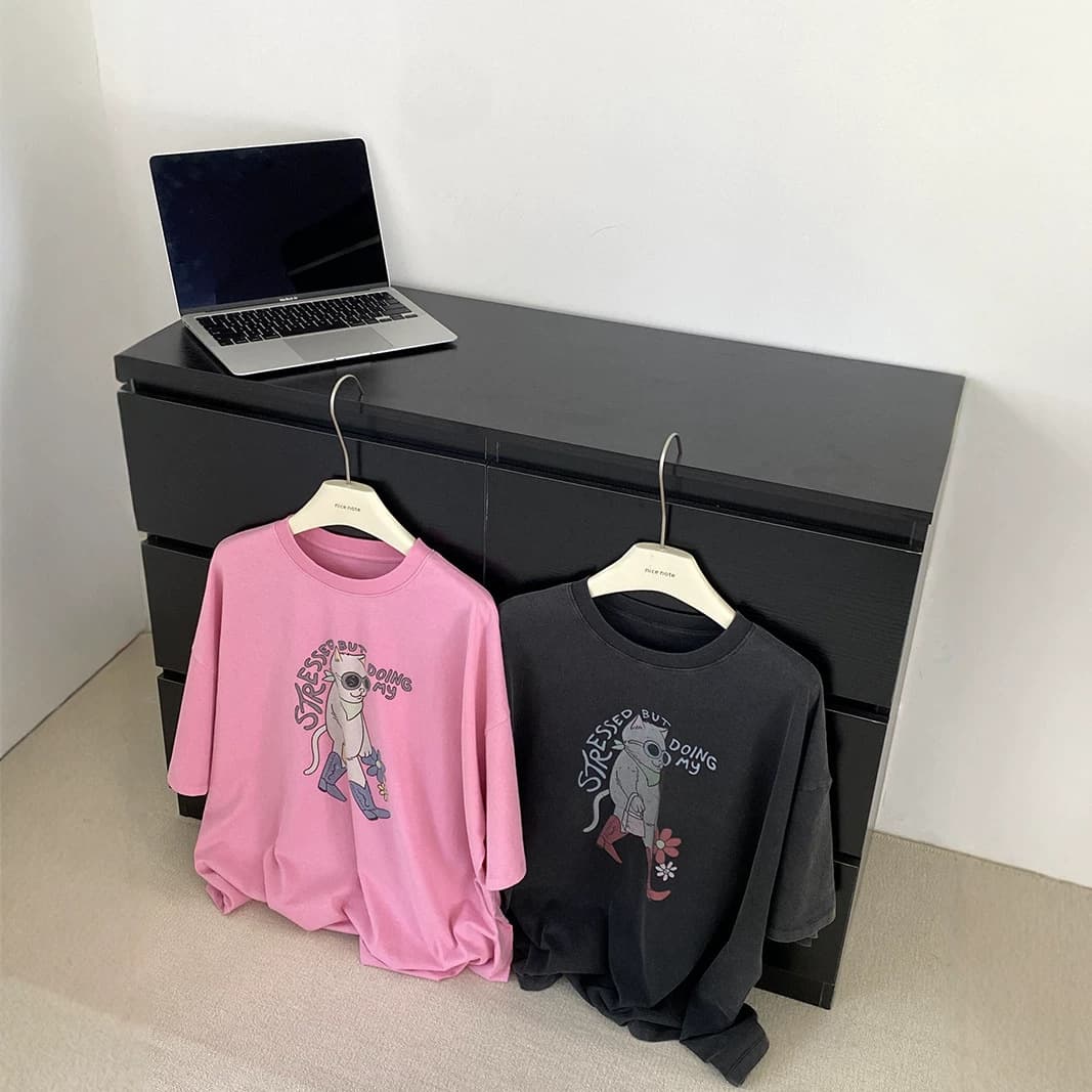 self made! Old washed craft cute big cat retro printed T-shirt loose short-sleeved T-shirt for women [Wholesale]