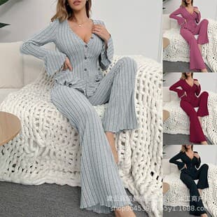 2026 Hot Selling European and American Cross-border Sleepwear Women's Velvet V-neck Long Sleeve Long Pants Women's Wearable Outside Loungewear