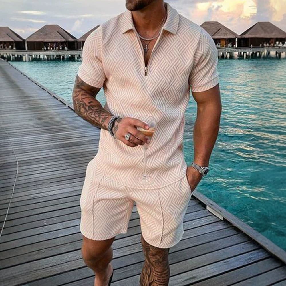 Cross-border summer men's 3D printed zipper short-sleeved POLO shirt large size casual European and American suit lapel men's shorts