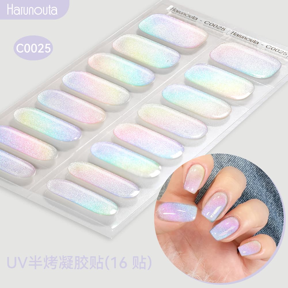 Harunouta UV Semi-Cured Gel Nail Art Stickers Pure Color Glitter Flashing Nail Tips Manicure Decals for Ladies And Gents