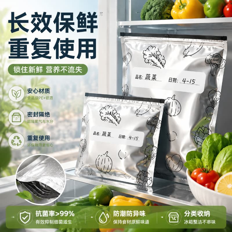 Thickened Aluminum Foil Antibacterial Zipper Food Storage Bag for Home Use, Food Portioning, Refrigeration, and Freezer Freshness