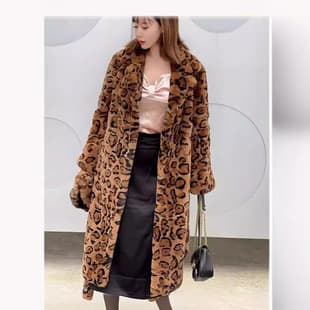 Leopard Print Faux Fur Lapel Belted Young Long Coat Fur Coat Women 2024 Fall Winter New