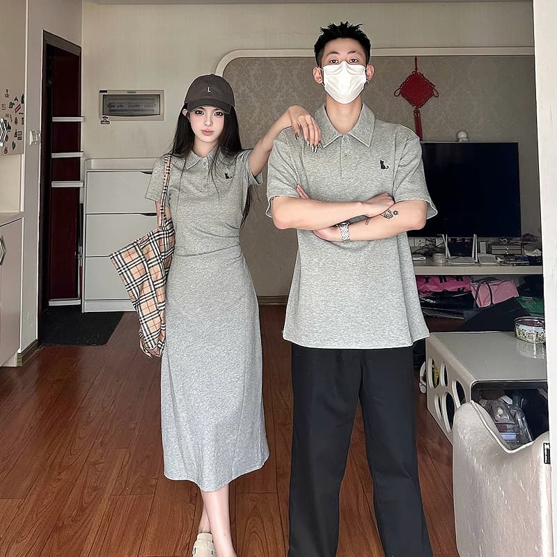 Premium Couple Outfit Summer 2026 Trendy Short Sleeve Polo Shirt and Midi Dress Two-Piece Set