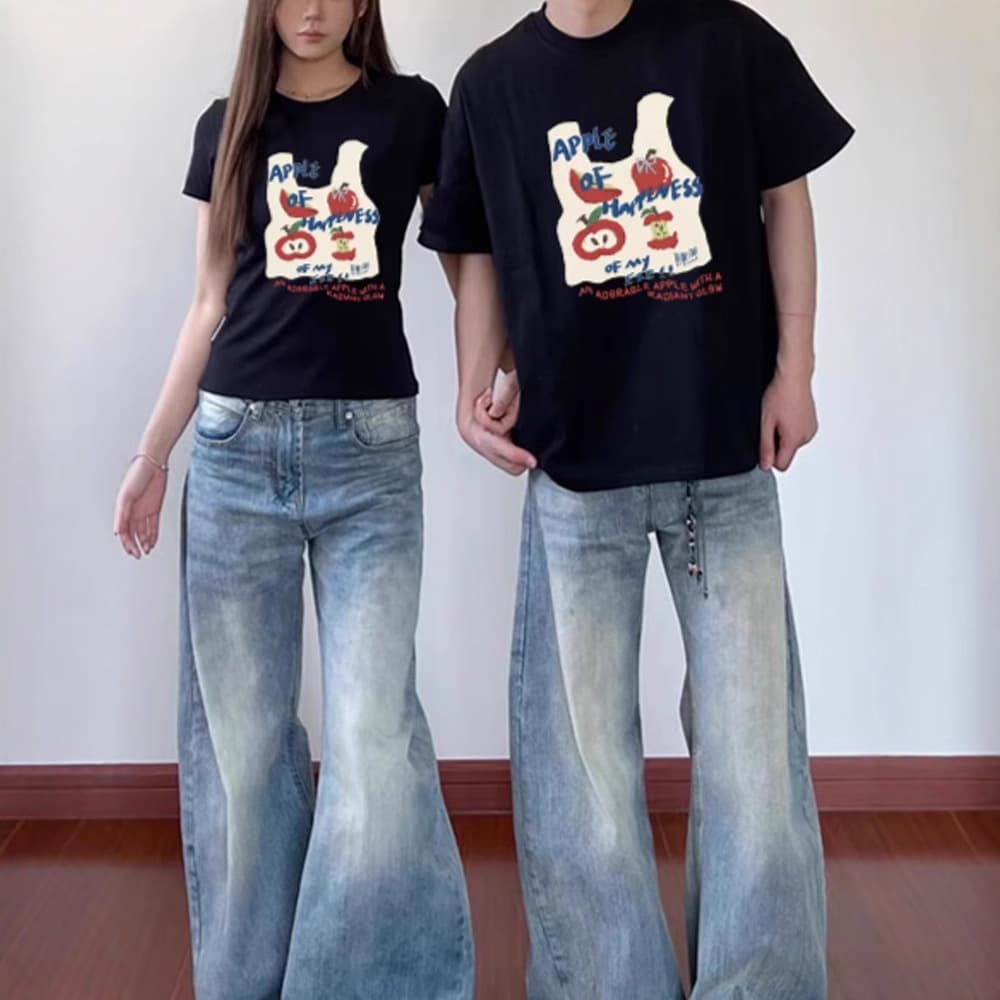 2025 New Summer Cartoon Red Apple Couple Short-Sleeve T-Shirt, Round Neck, Loose Fit, Pure Cotton, Unisex Top