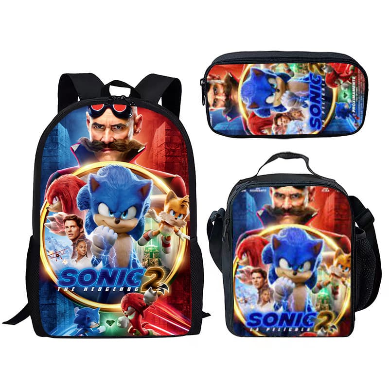 Factory Direct Sonic 3-Piece School Backpack Set Cartoon Anime Backpack for Boys and Girls