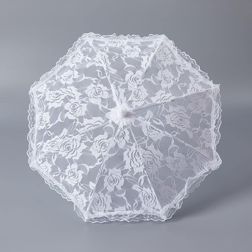 European Wedding Bride Prop Umbrella with White Lace, Stage Performance and Photography Craft Umbrella with Rose Trim