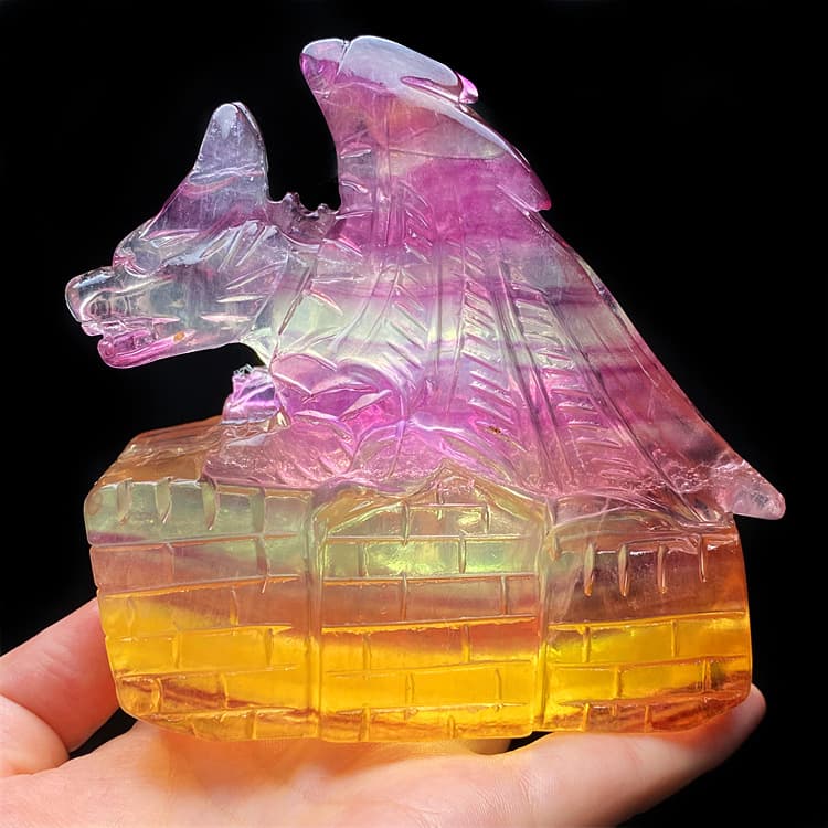 Natural Candy-Colored Fluorite Carving Piece: Flying Dragon, Castle, Eagle, Dolphin Raw Mineral Specimen Home Decorative Ornament