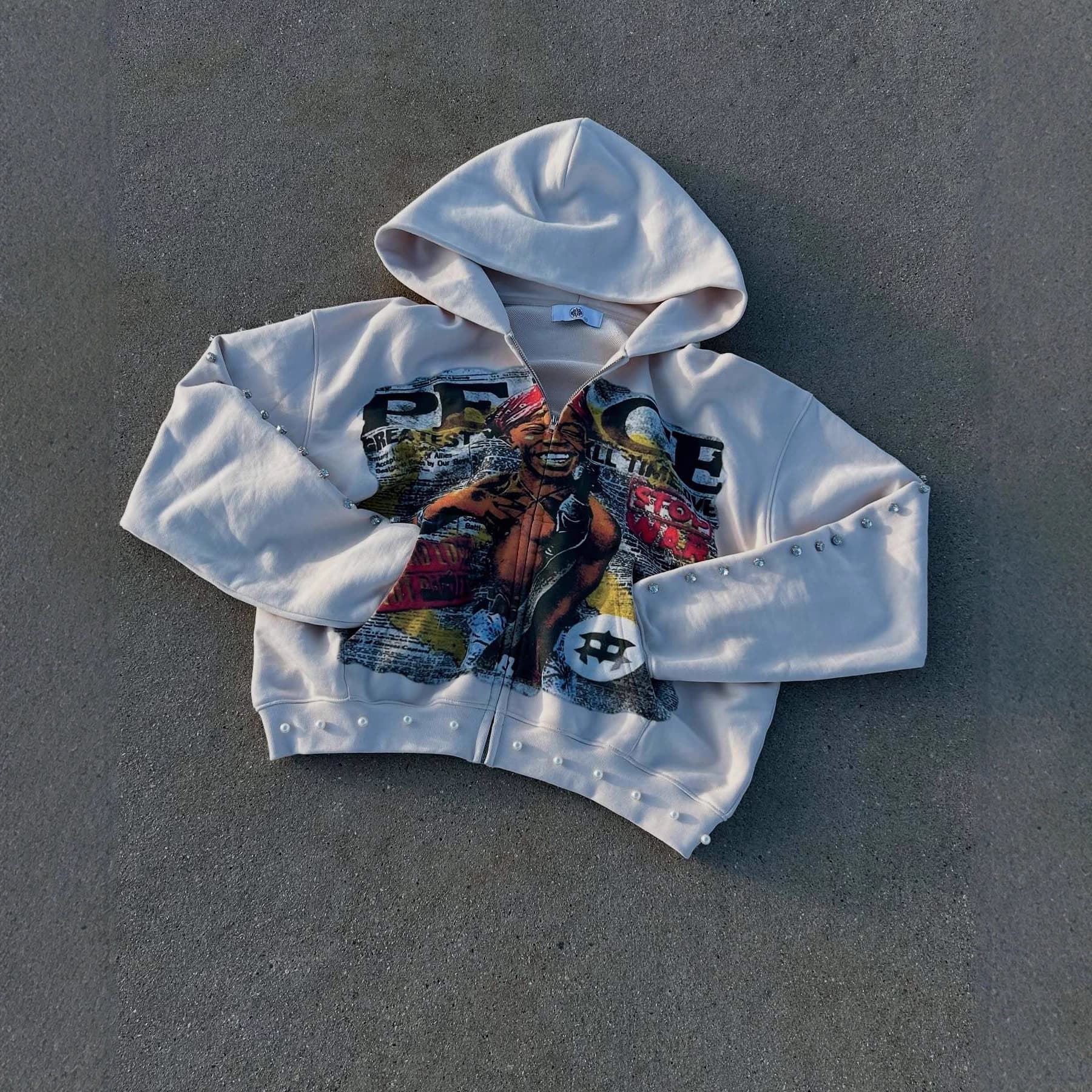 American street style large rhinestone with 3D print zipper design unisex loose streetwear hoodie