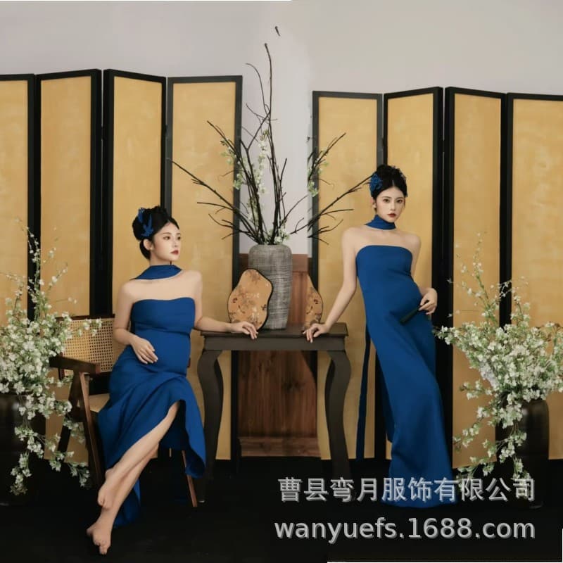 Photo studio new maternity photo clothing high-end niche French simple style blue tube top ribbon photo dress