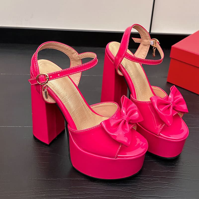 Spring and Summer New Chunky Heel Ultra High Heel Peep Toe Sandals Platform Women's Shoes Patent Leather Cute Bow High Heel Women's Sandals