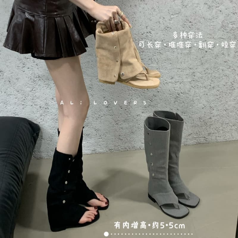 Korean thong-toe herringbone sandals for women 2026 summer new style French western cowboy boots increased trouser legs mid-calf boots