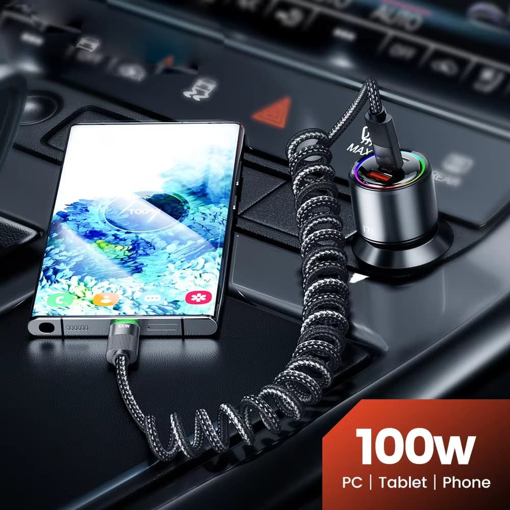 100W Type-C Cable Spring Retractable Car Mobile Phone Charger USB Suitable for Apple Samsung Mobile Phones