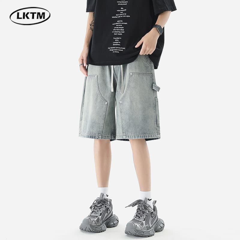 LKTM Men's Clothing #Summer Lumberjack Denim Shorts Men's Ins Style American Loose Straight Leg Casual Five-Point Shorts