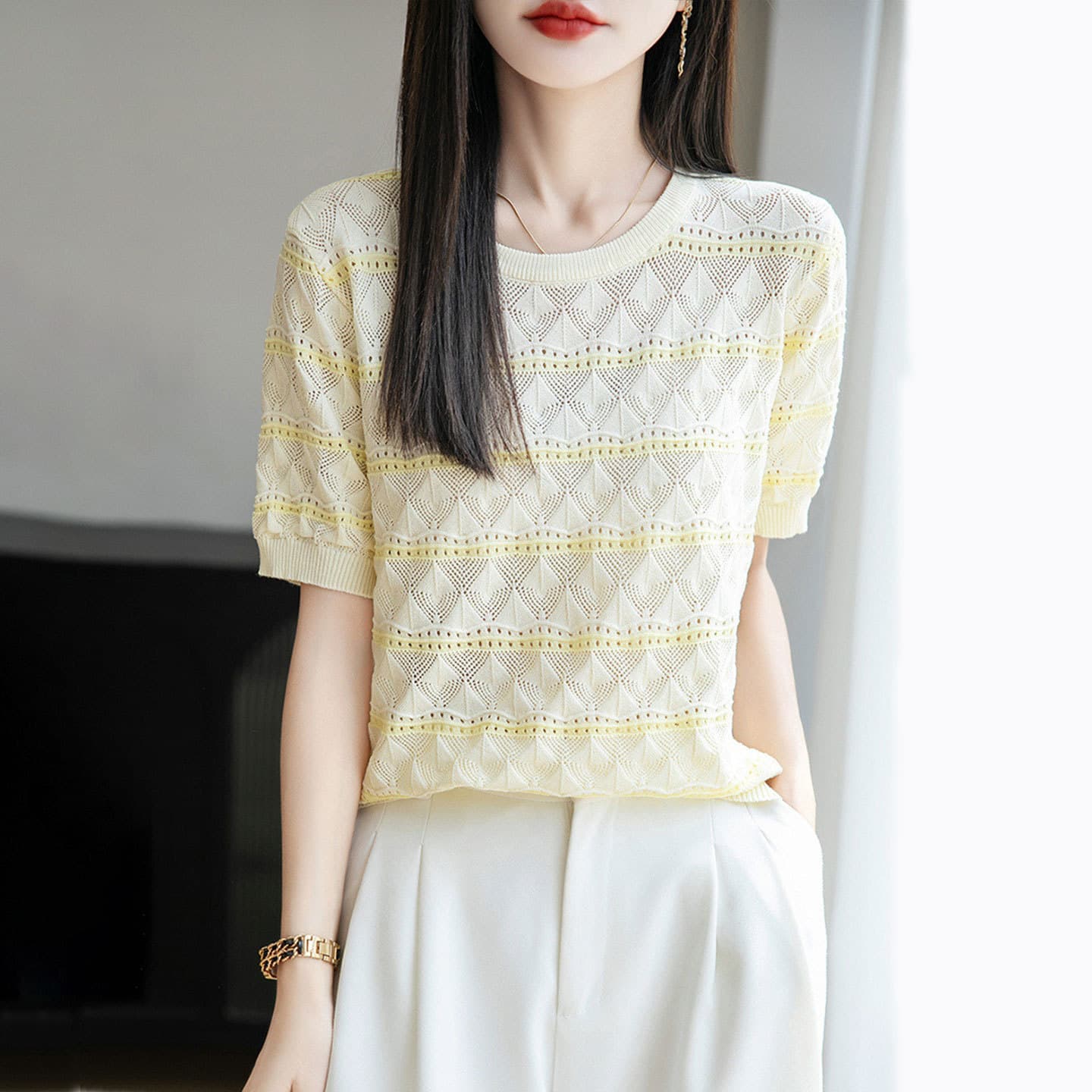 [Factory Direct] New Summer Round Neck Tencel Color-Block Short Sleeve T-Shirt for Women Fashion Hollow Ice Silk Knit Top