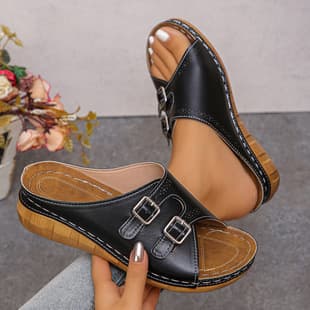 Wedge Thick Sole Women's Slippers Cross-border Slippers Women's European and American New Style Foreign Trade Large Size One-strap Open Toe Sandals Slippers Stock Wholesale