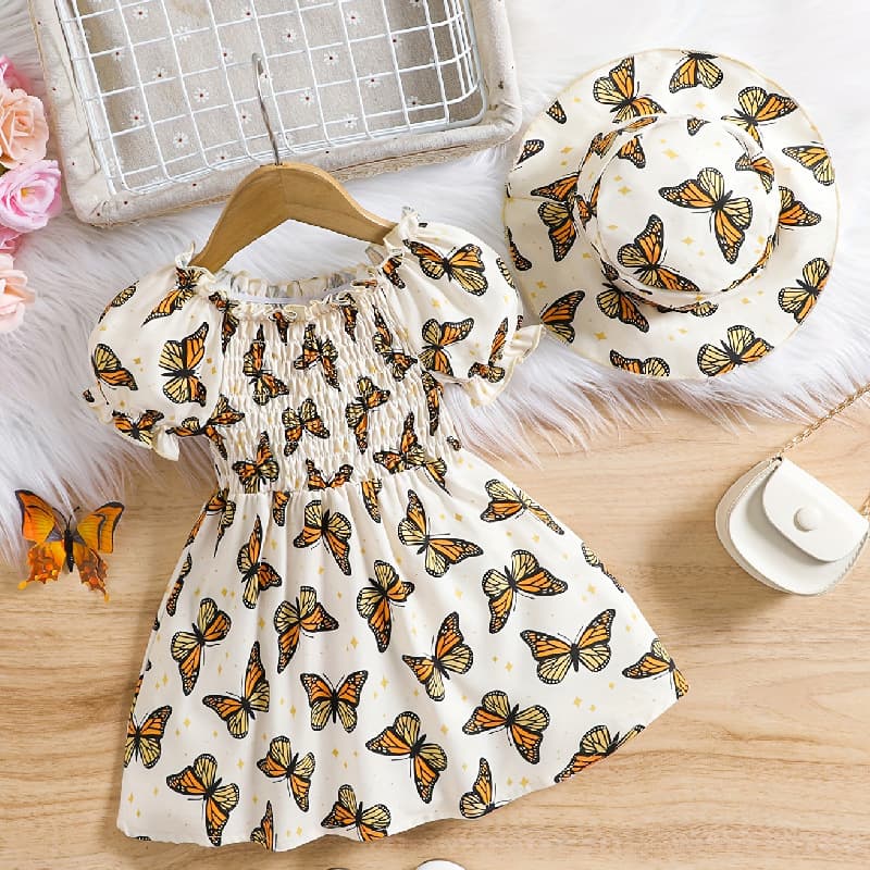 Butterfly Print Princess Dress Set for Girls Ages 0-3, Includes Cute Hat and Matching Dress