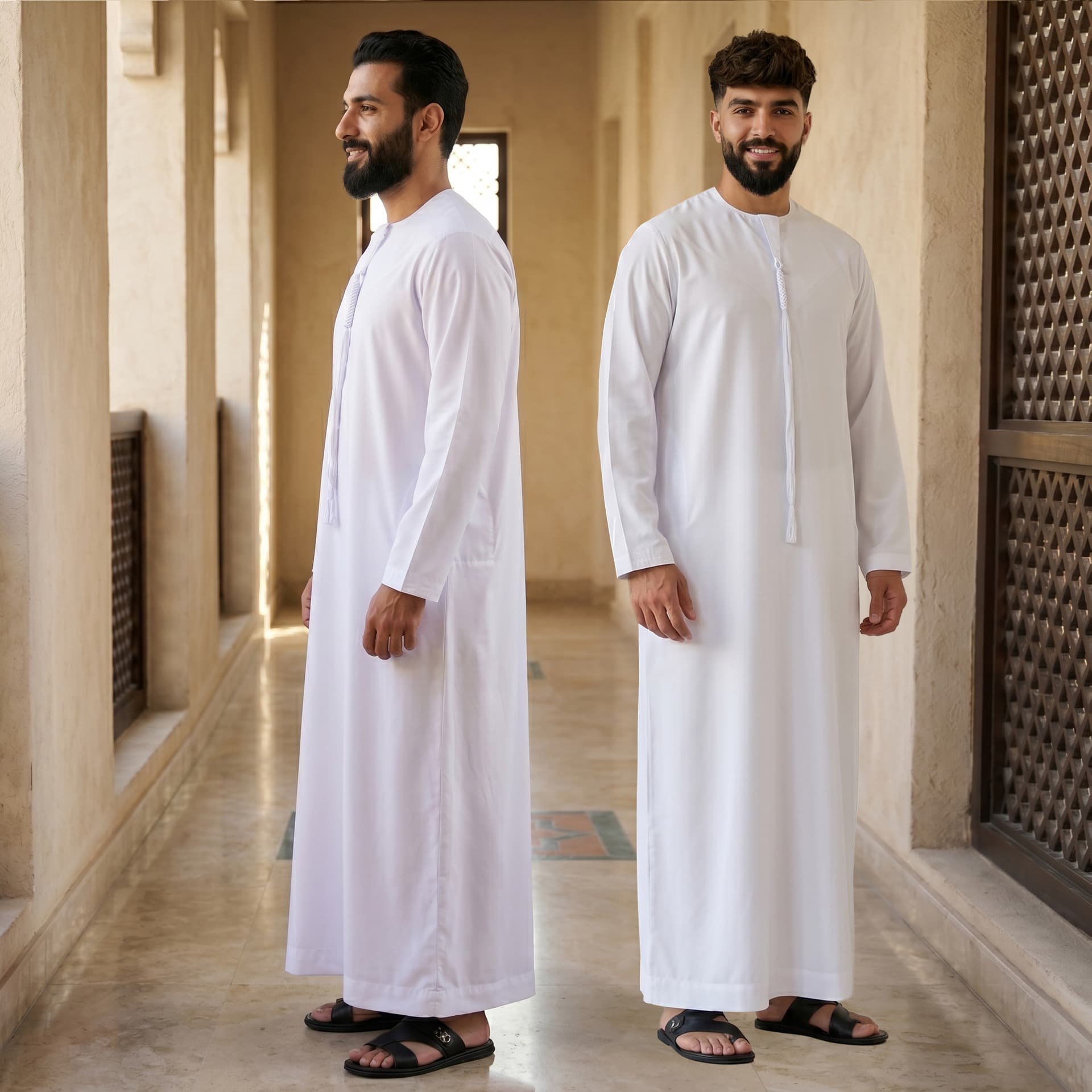 FN177-3X-AM-888 New Men's Thobe White Crew Neck Fringe Casual Home Robe