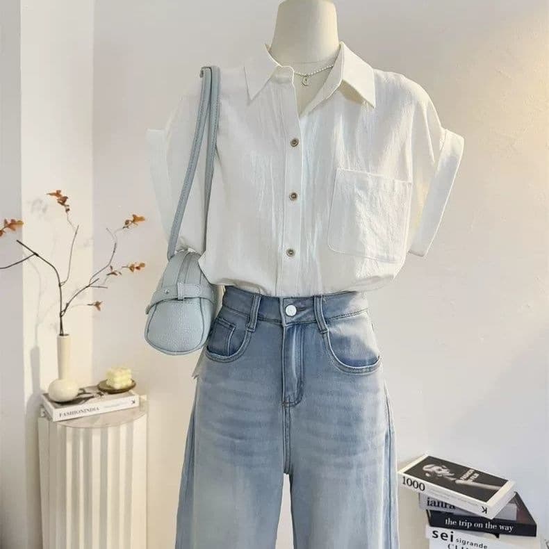 White Lapel Rolled Short Sleeve Shirt Women's 2026 Summer New Loose Simple Versatile Commuting Shirt Casual Top