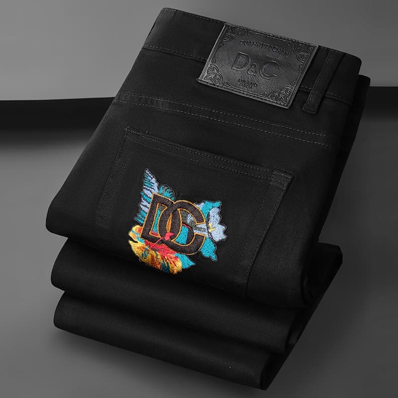 European Style Light Luxury Black Embroidery Guangzhou Men's Jeans Casual Pants Stretch Slim Straight Pants Trend Cross-Border