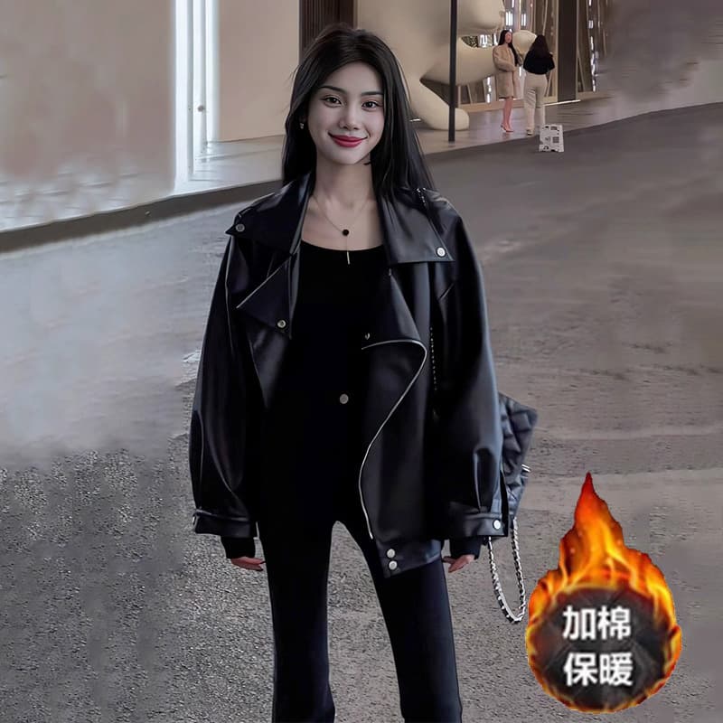 Black Leather Jacket for Women 2024 New Spring Autumn Motorcycle Coat Petite Plus Size Korean Loose Casual Jacket