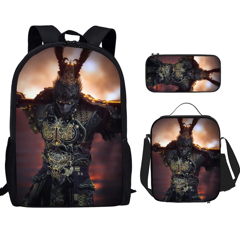 Cross-Border New Product Black Myth Wukong Pattern Game Design Wear-Resistant School Bag, Lunch Bag, Pencil Case Three-Piece Set for Primary School Students