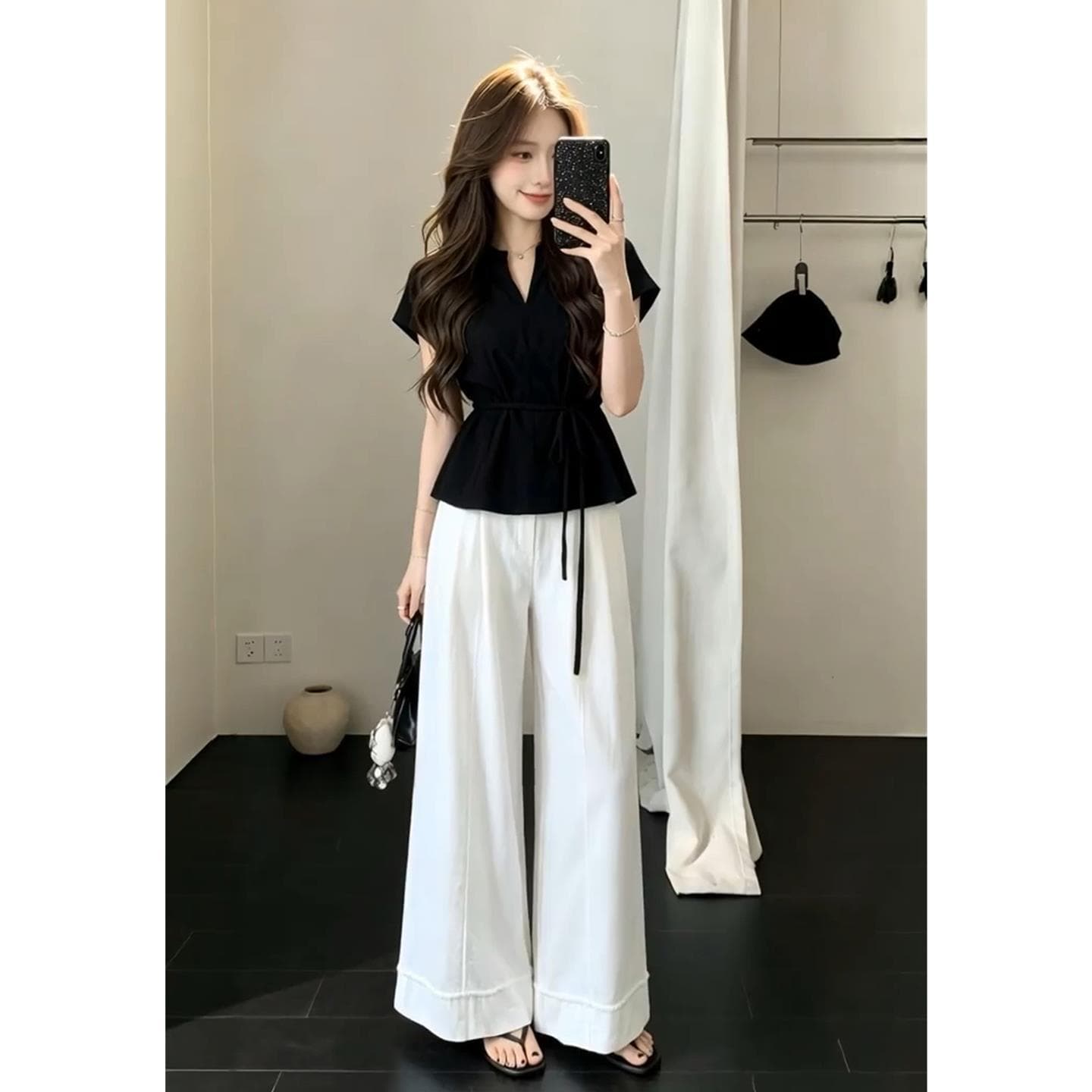 Korean Style Stunning Outfit Set 2026 New Black Short Sleeve T-Shirt for Women Summer Wide-Leg Pants Two-Piece Set