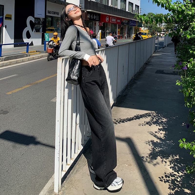 Plus Size Sweeping Pants 2025 Retro High-Waist Loose Fall/Winter Black-Gray New Straight-Leg Jeans for Curvy Women, Versatile