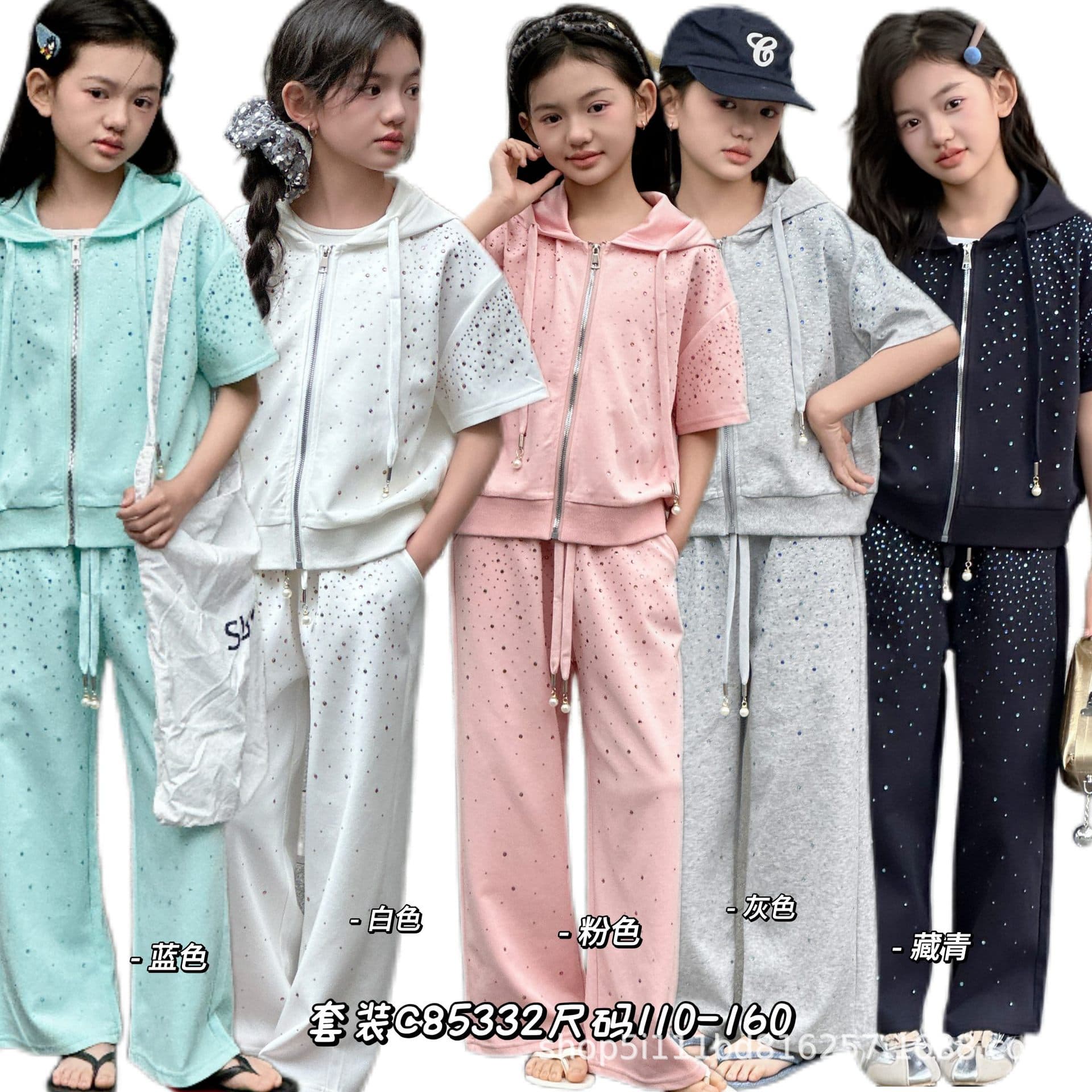 Lipei children's clothing girls summer suit hot diamond hooded two-piece set 110-160 size 26 summer style nt