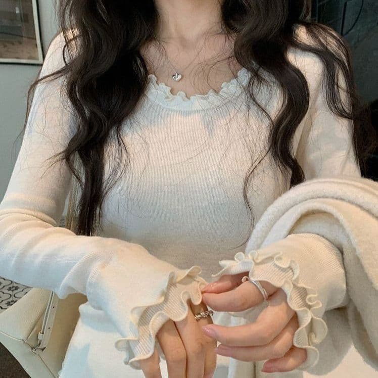 Korean Sweet Style Velour Ruffle Trim Base Tee for Women Autumn Winter French Double-Layer T-Shirt Round Neck Long Sleeve Top