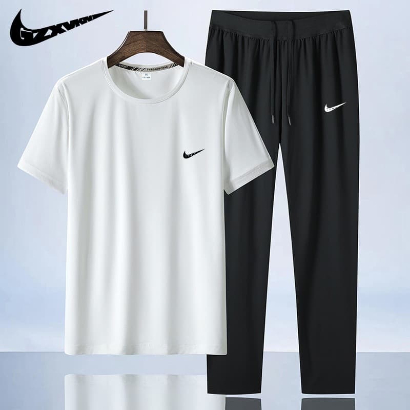 Men's 2024 Summer Sports and Leisure Suit Men's Ice Silk Short Sleeve Long Pants Running Fitness Basketball Suit Two-piece Set