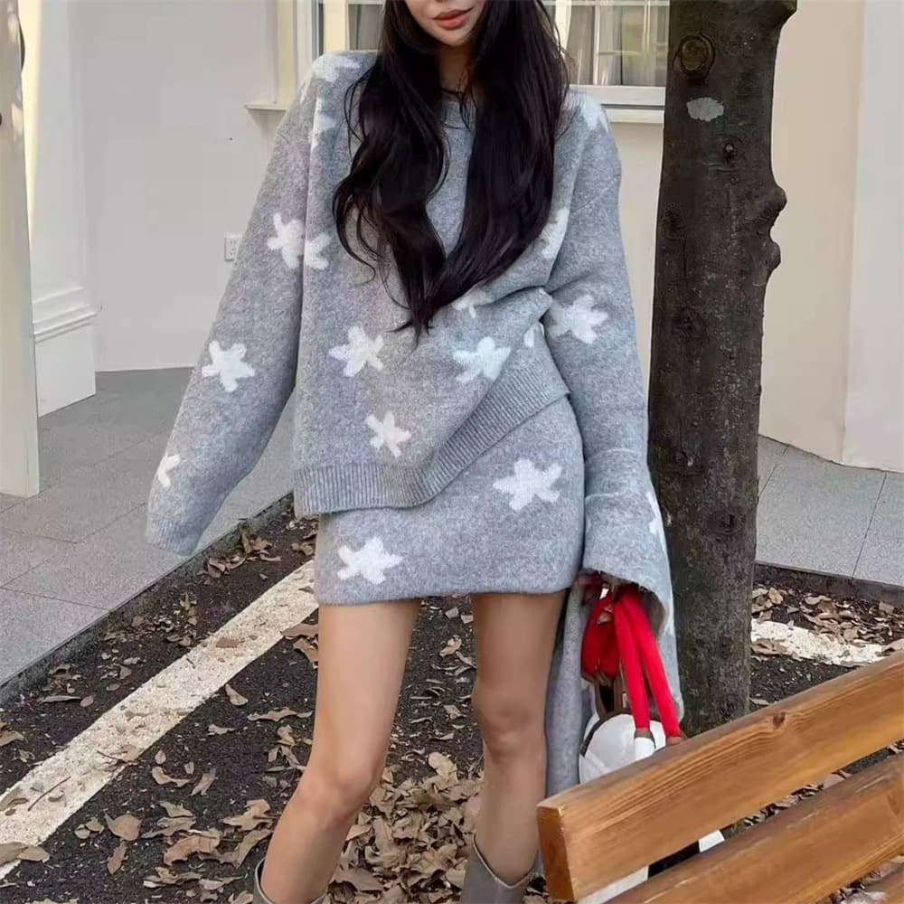 Color Block Floral Sweater Set for Women New Fall/Winter Korean Retro Soft Cozy Knit Skirt and Scarf Two-Piece Set