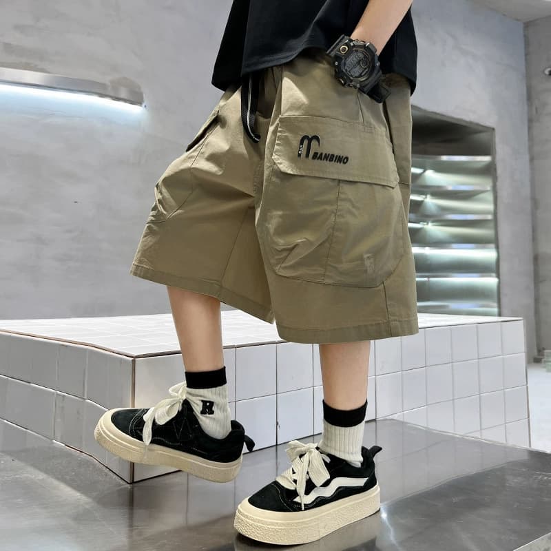 Boys' Summer Cargo Shorts Black 2026 New Arrival Mid-Large Kids Thin Five-Point Pants