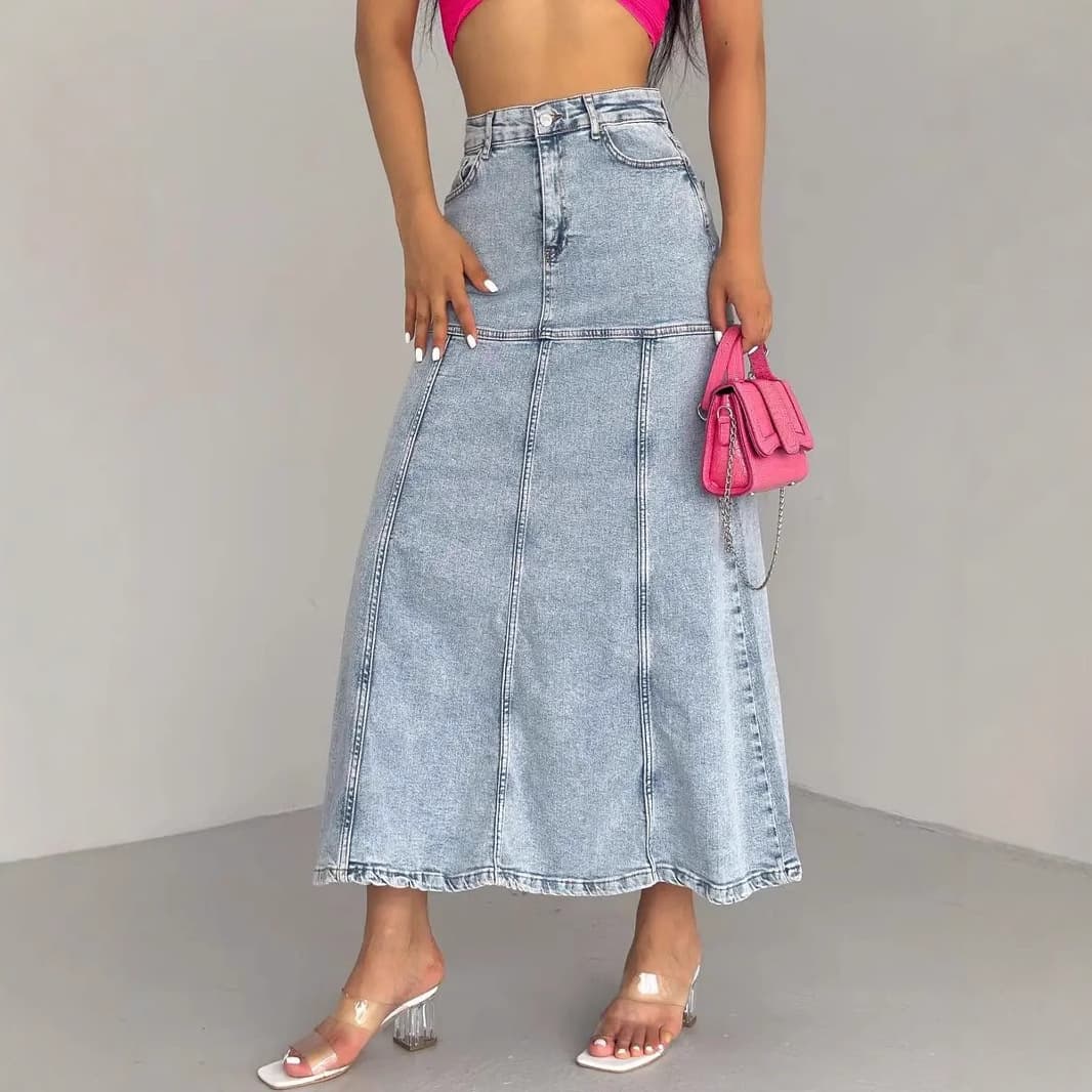 Maxi Denim Skirt High-Waist Patchwork Long Skirt