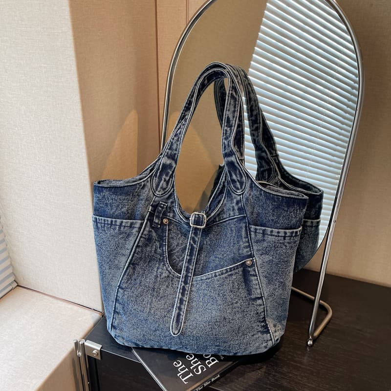 Retro textured denim tote bag with versatile design, versatile commuter fashion armpit bag, shopping shoulder bag