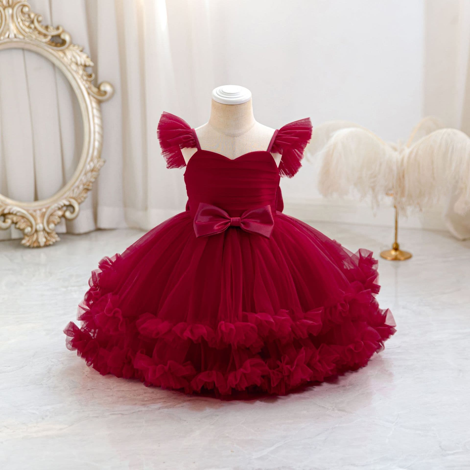 Girls' Burgundy Princess Dress Children's Formal Gown Tulle Dress First Birthday Party Flower Girl Wedding Dress In Stock
