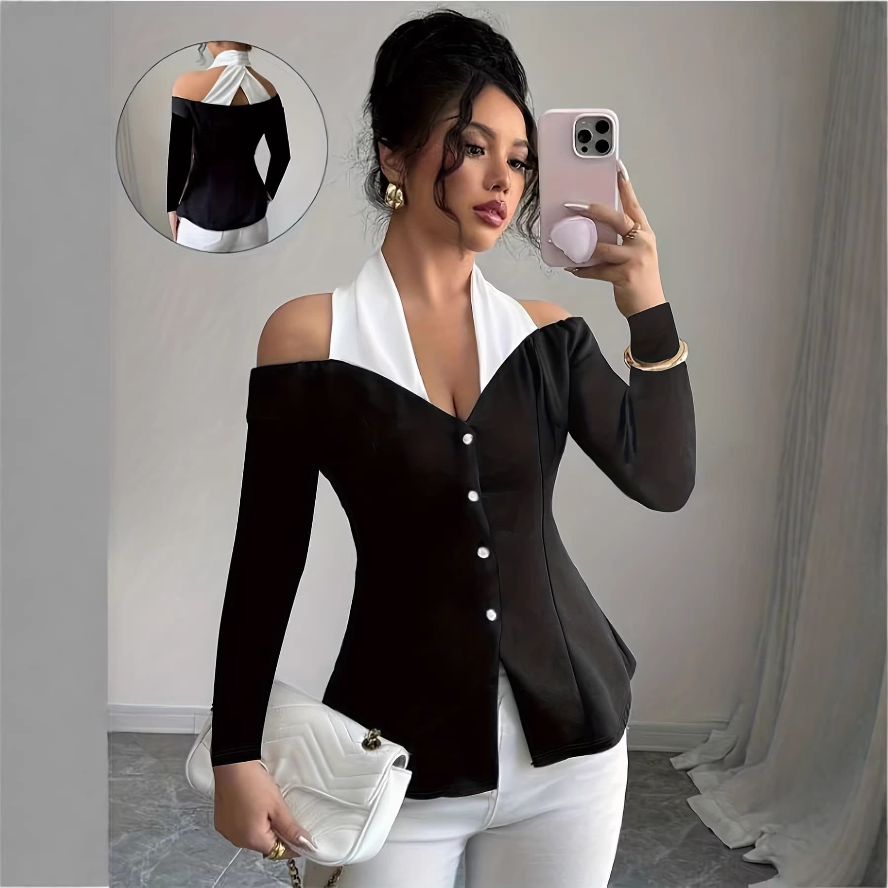 2026 Spring and Summer New Fashion Commuter Style Halter Neck Color-Blocking Single-Breasted Top Pj0300