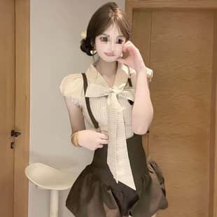School Style JK Uniform Suspenders Skirt Set Women Summer Petite American Campus Chic Shirt Slip Dress Two-Piece Set