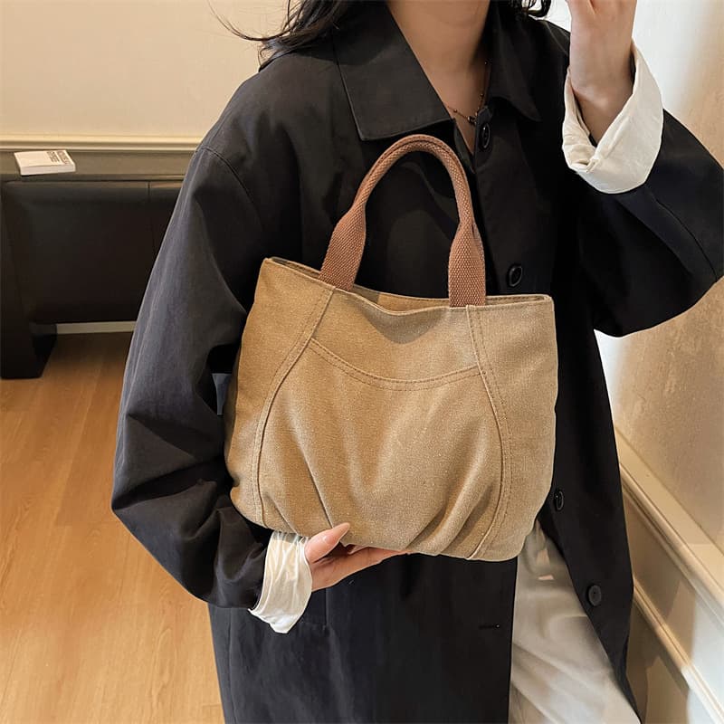 2026 New Women's Bag Simple Small Canvas Handbag Pleated Artistic Retro Hand-Carry Bag Cloth Pouch
