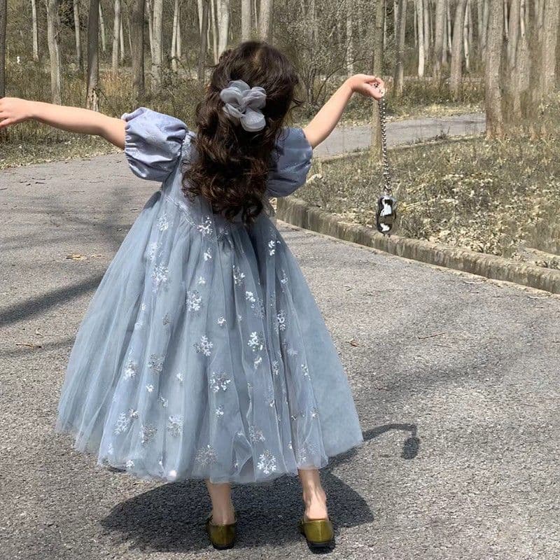 Elsa Princess Dress Girls Summer 2024 New Children's High-end Puff Sleeve Elsa Dress Short Sleeve Gauze Skirt