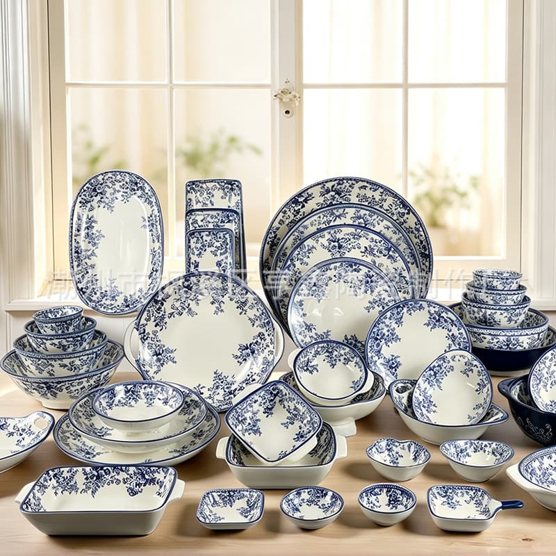Blue and White Porcelain Dinnerware Set for Home, Underglaze Ceramic Bowl Plate Dish Combination, Chinese Retro Rice Bowl, Serving Plate, Soup Bowl