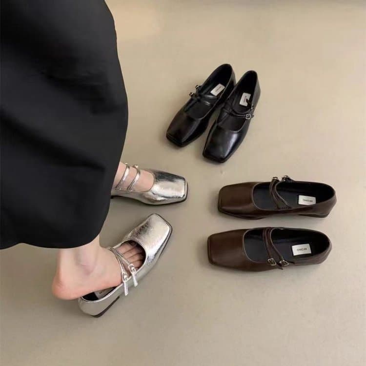 French Evening Breeze High-End Women's Single Shoes 2025 Autumn New Korean Square Toe Shallow Mouth Mary Jane Shoes Versatile Flat Shoes