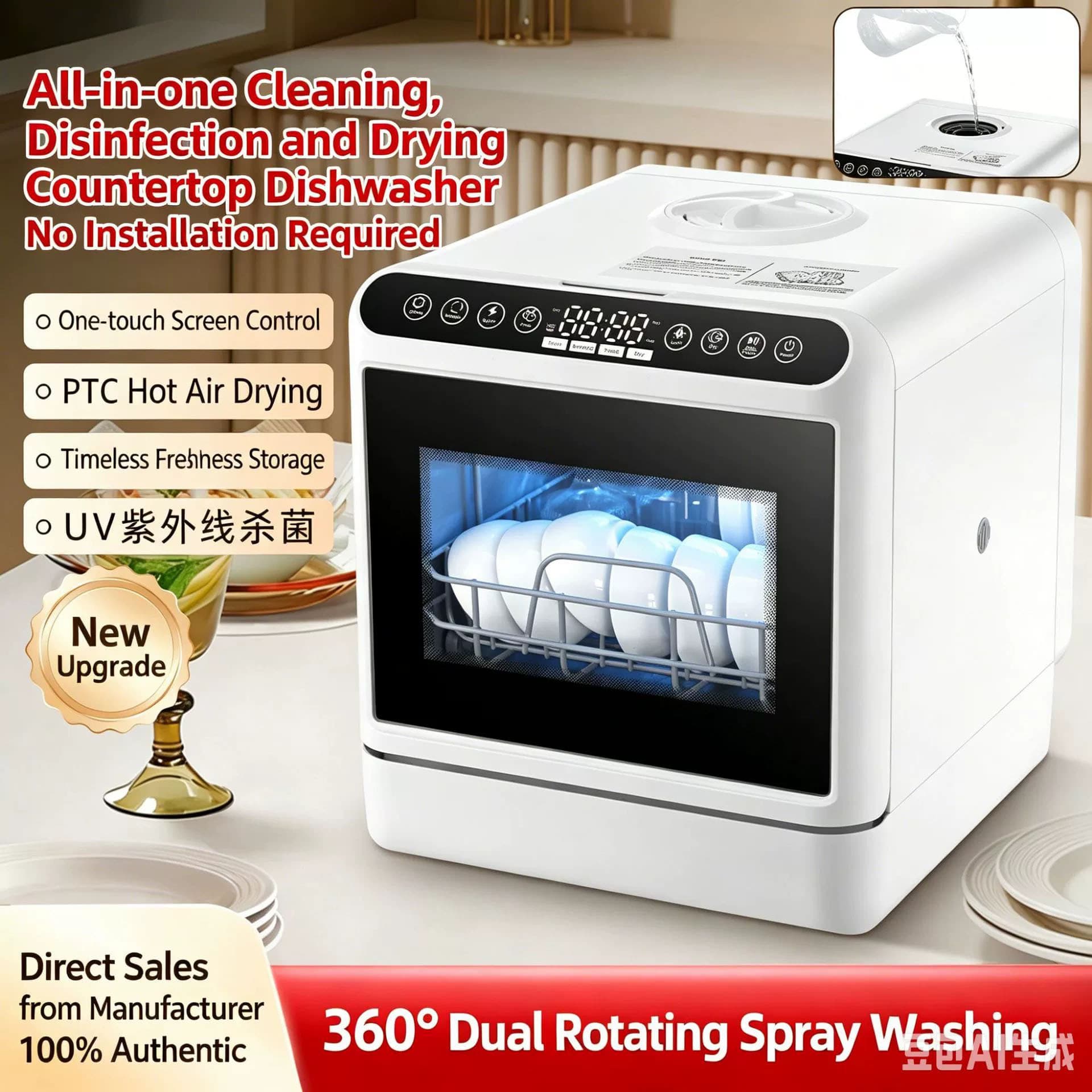Cross-border Household Dishwasher 110V220V No-Installation High-Temperature Disinfection Integrated Fully Automatic Tabletop Dishwasher