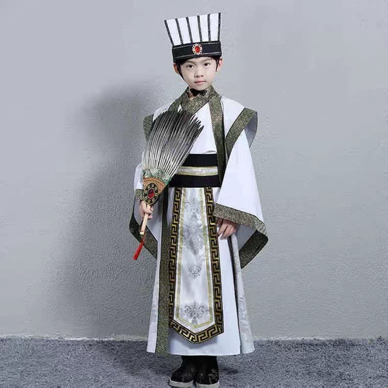 Kids Ancient Costume Hanfu Boys Three Kingdoms Cao Cao Liu Bei Guan Yu Zhang Fei Zhuge Liang Costume Lu Su Performance Costume